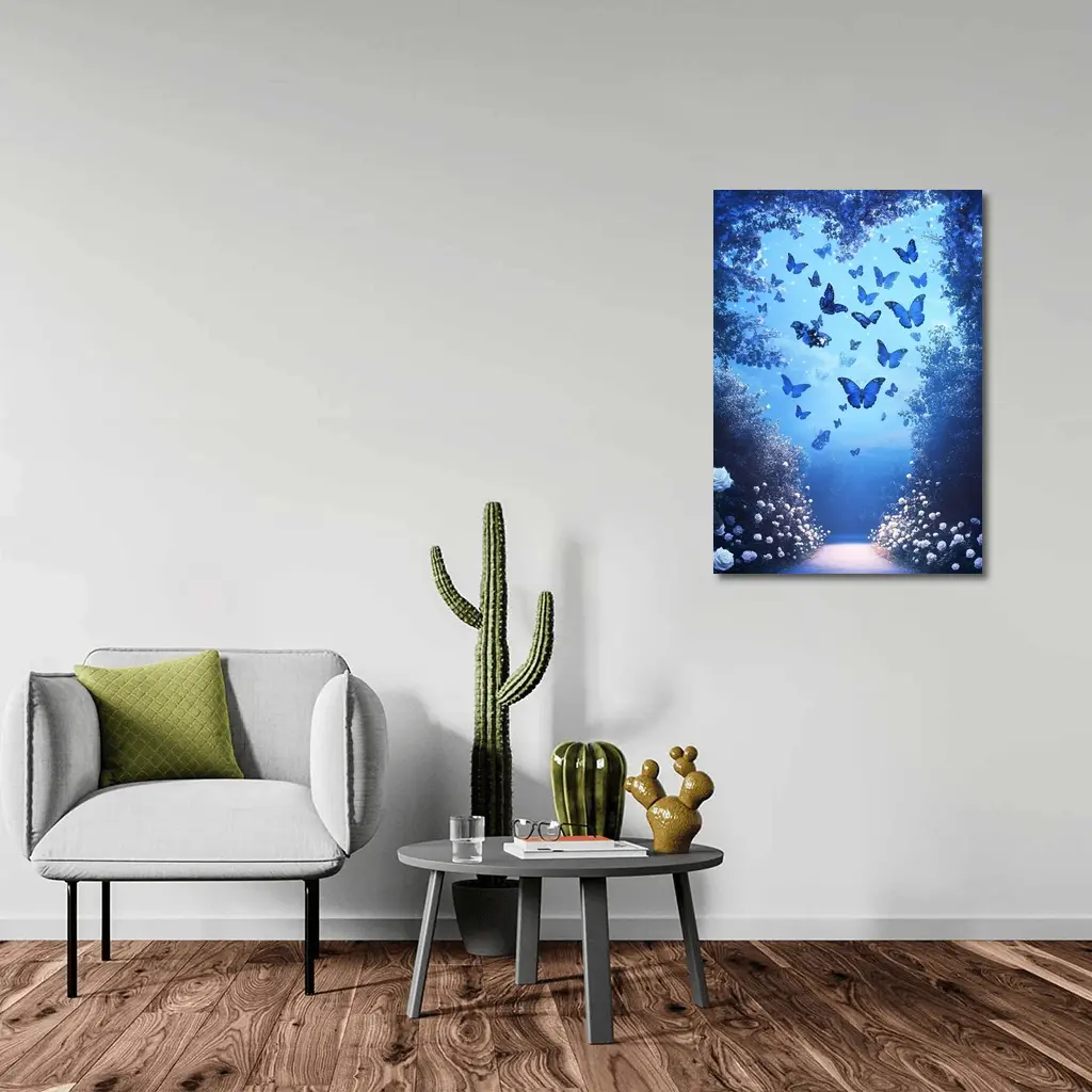 Blue Butterflies Glowing Enchanted Forest Path – Wall Art