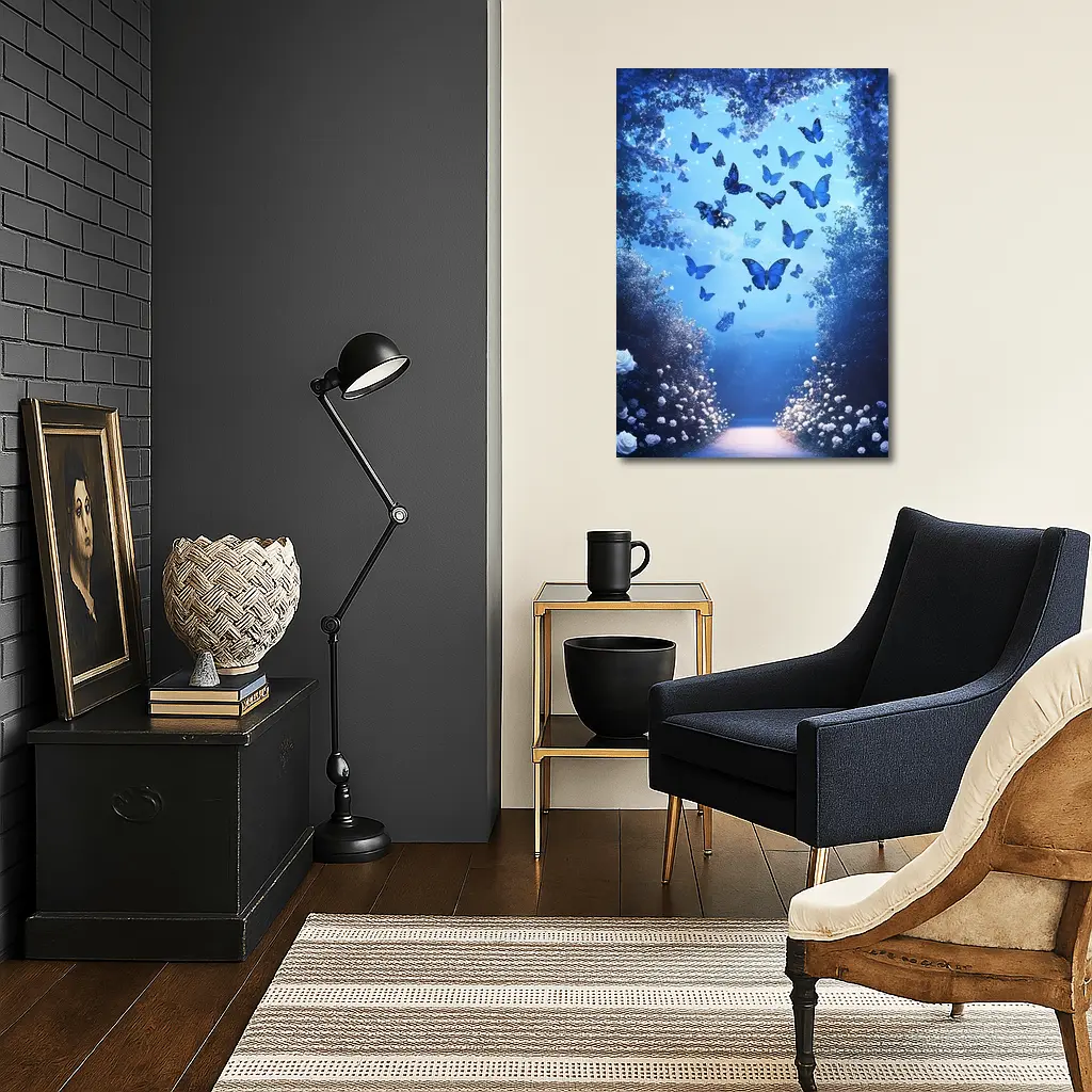 Blue Butterflies Glowing Enchanted Forest Path – Wall Art