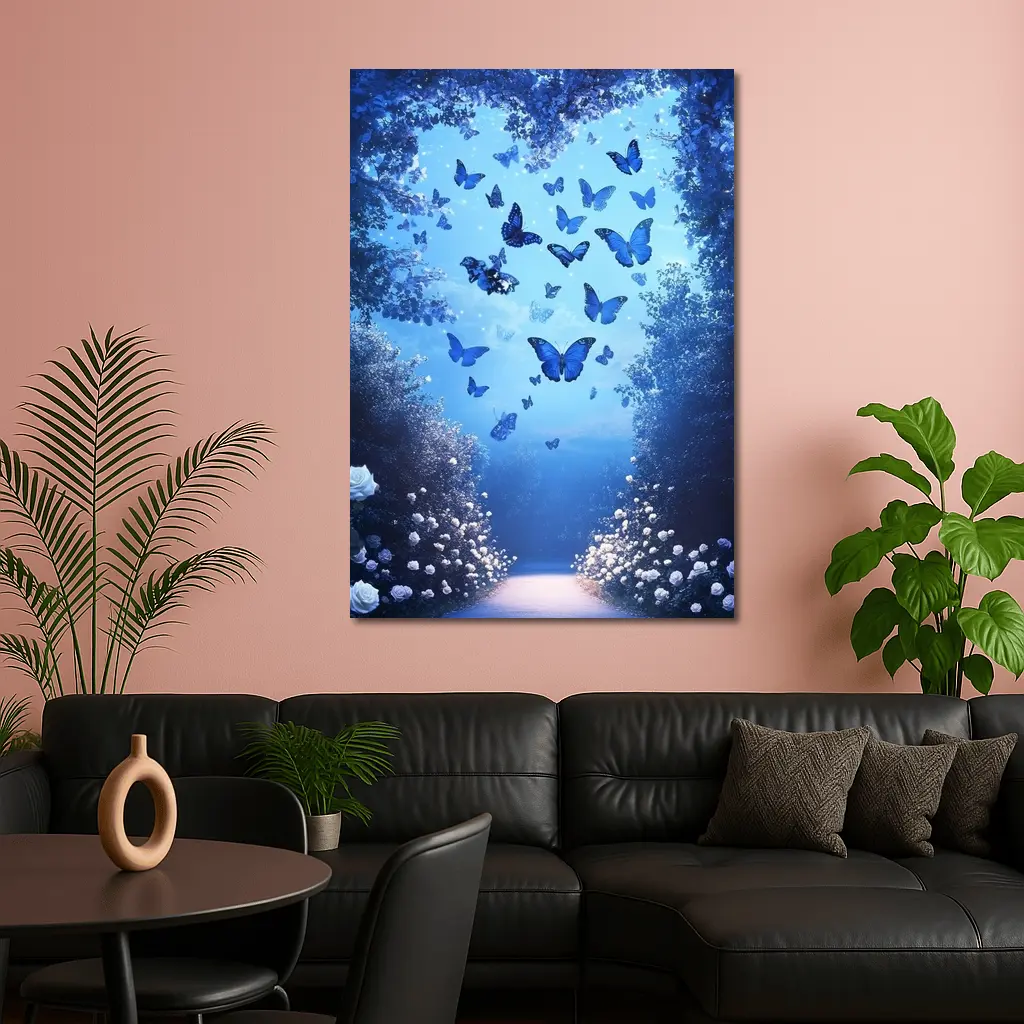 Blue Butterflies Glowing Enchanted Forest Path – Wall Art