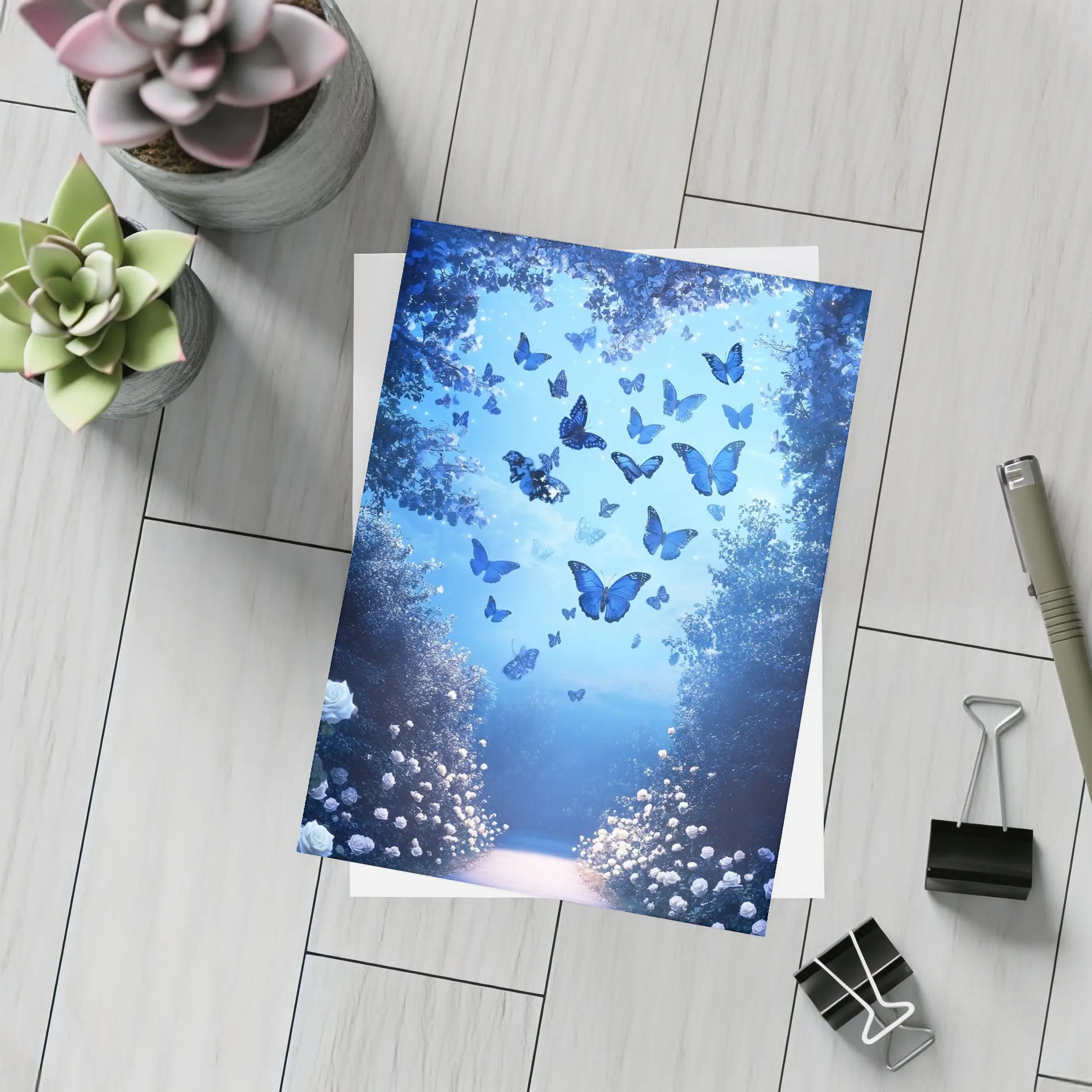 Blue Butterflies Glowing Enchanted Forest Path – Postcards