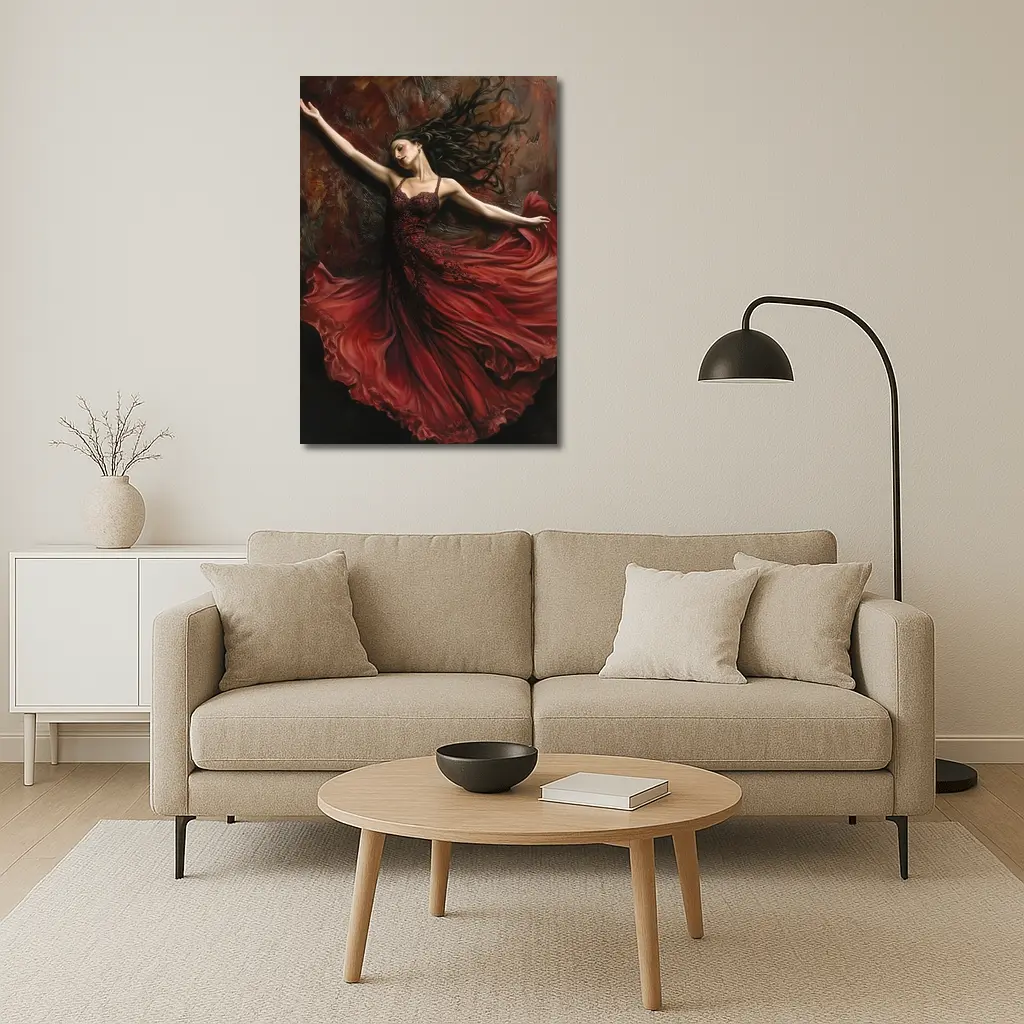 Woman Dancing Red Flowing Dress Dark Background – Wall Art
