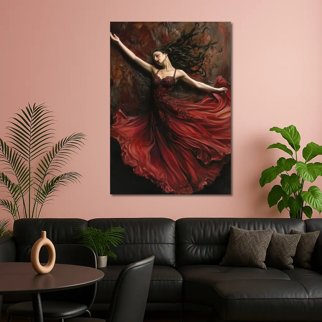 Woman Dancing Red Flowing Dress Dark Background – Wall Art