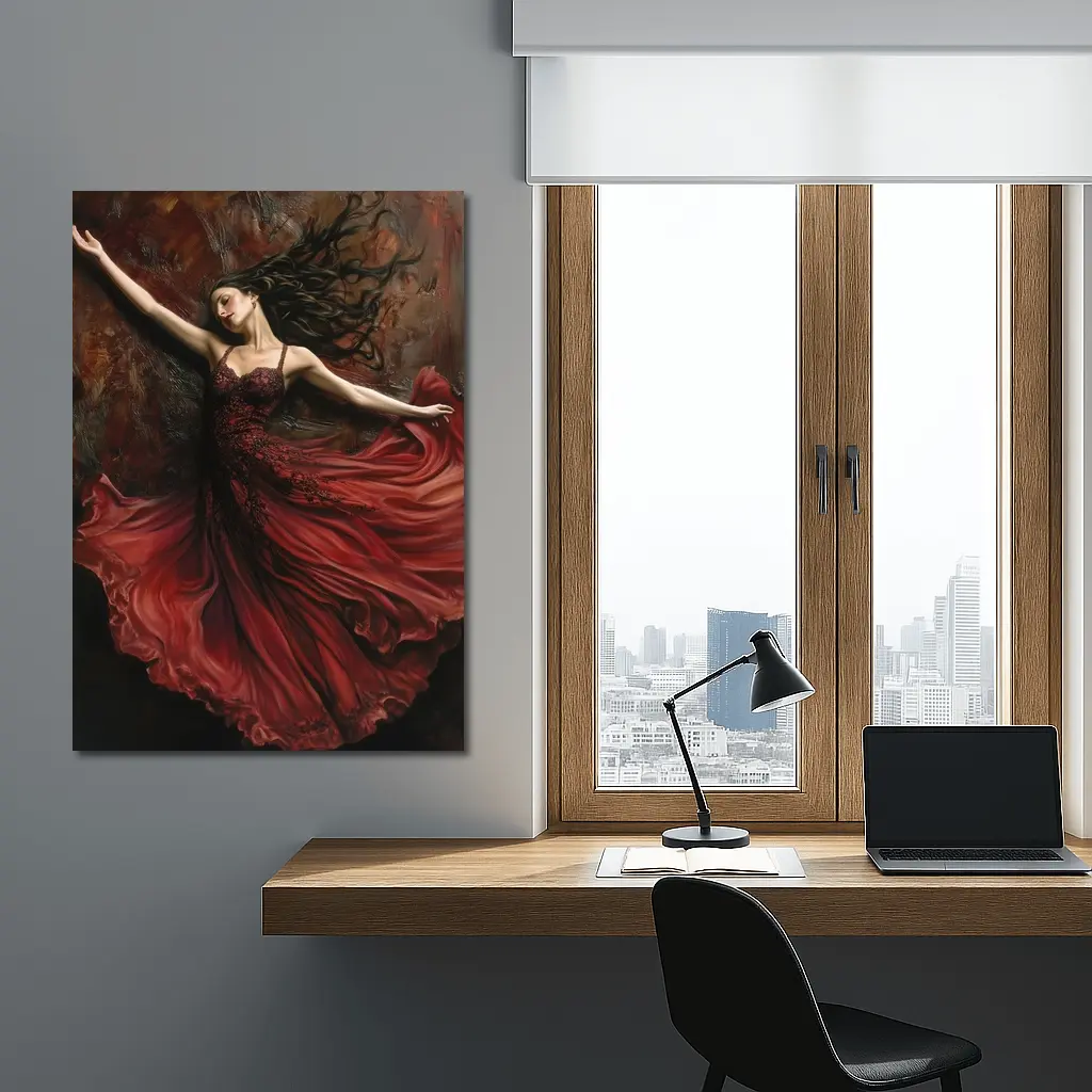 Woman Dancing Red Flowing Dress Dark Background – Wall Art