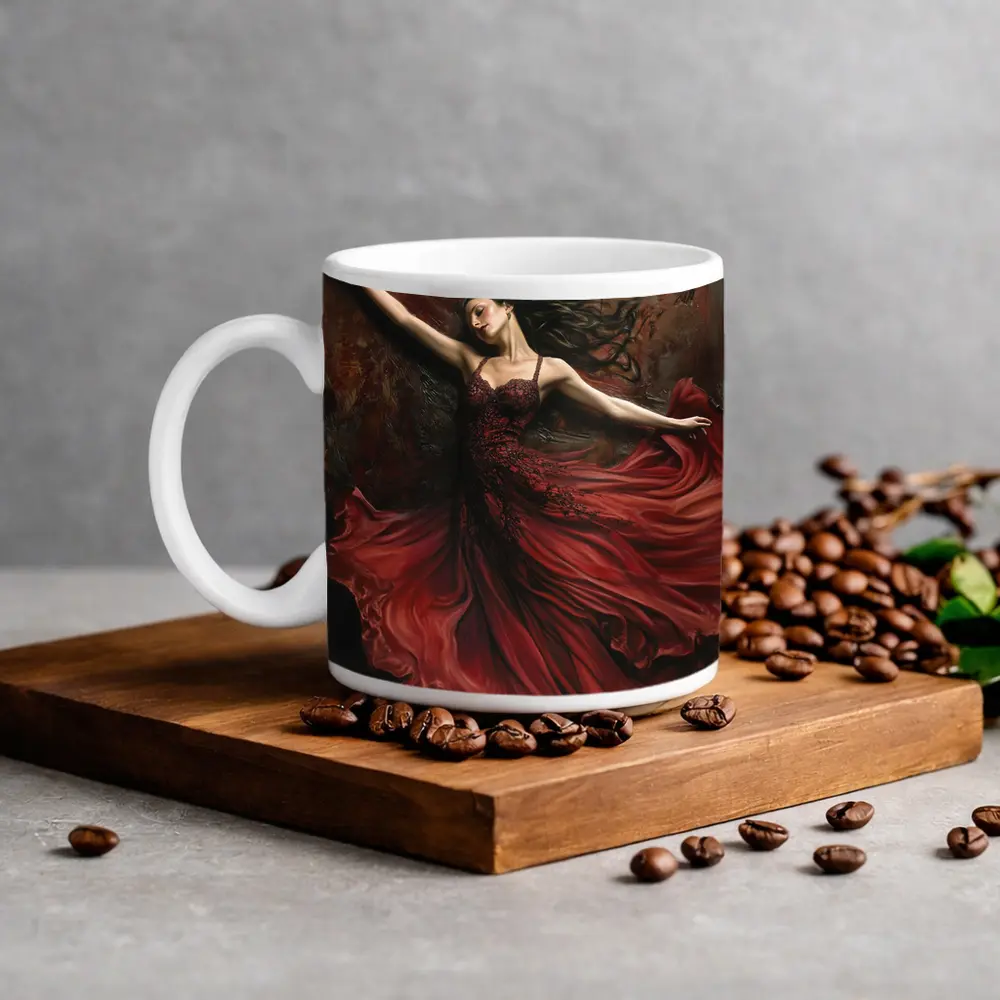 Woman Dancing Red Flowing Dress Dark Background – Mugs