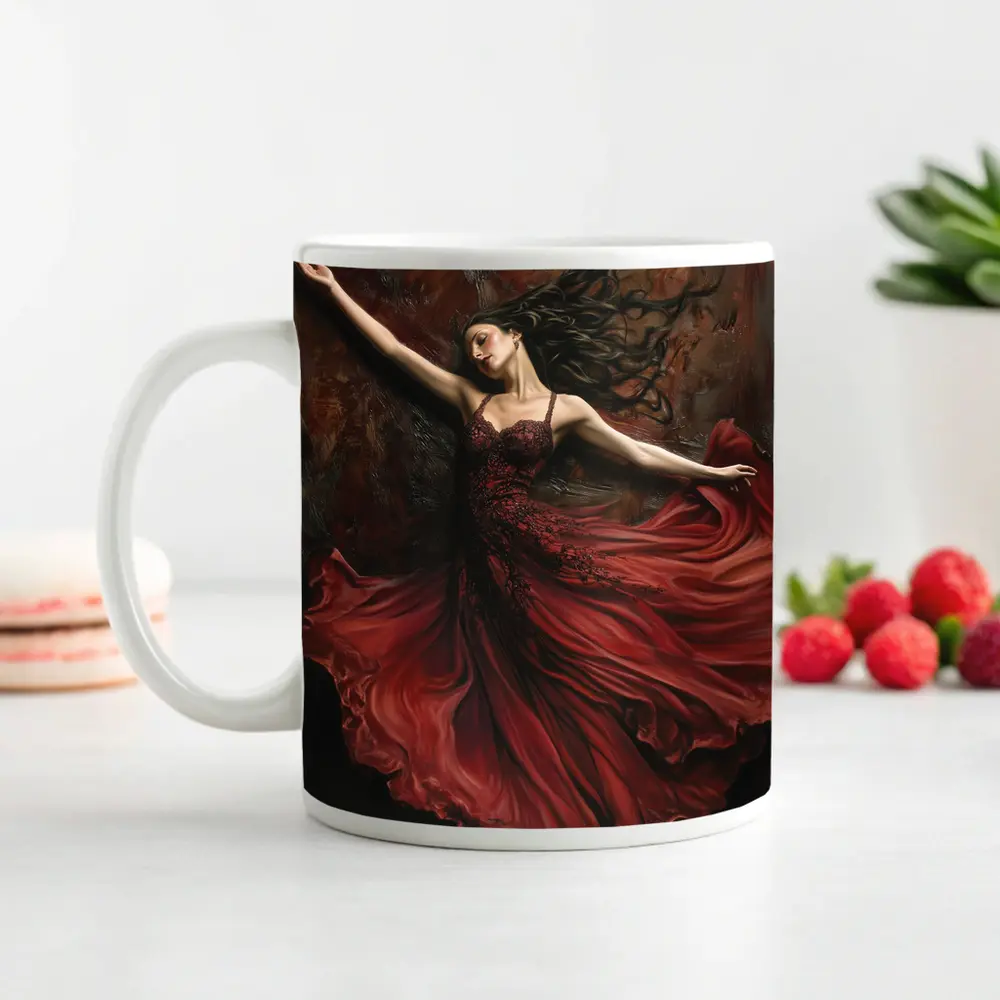 Woman Dancing Red Flowing Dress Dark Background – Mugs