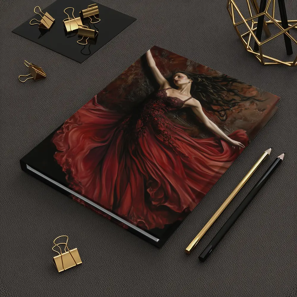 Woman Dancing Red Flowing Dress Dark Background – Notebooks