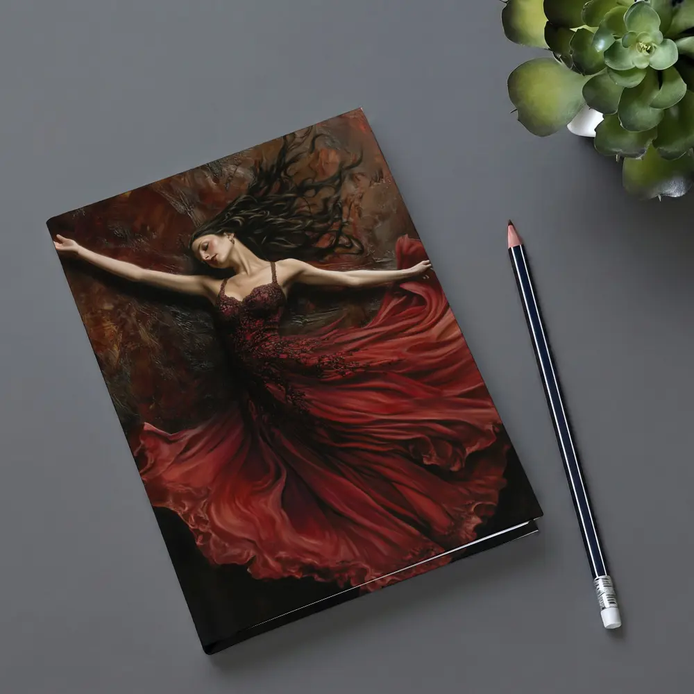 Woman Dancing Red Flowing Dress Dark Background – Notebooks