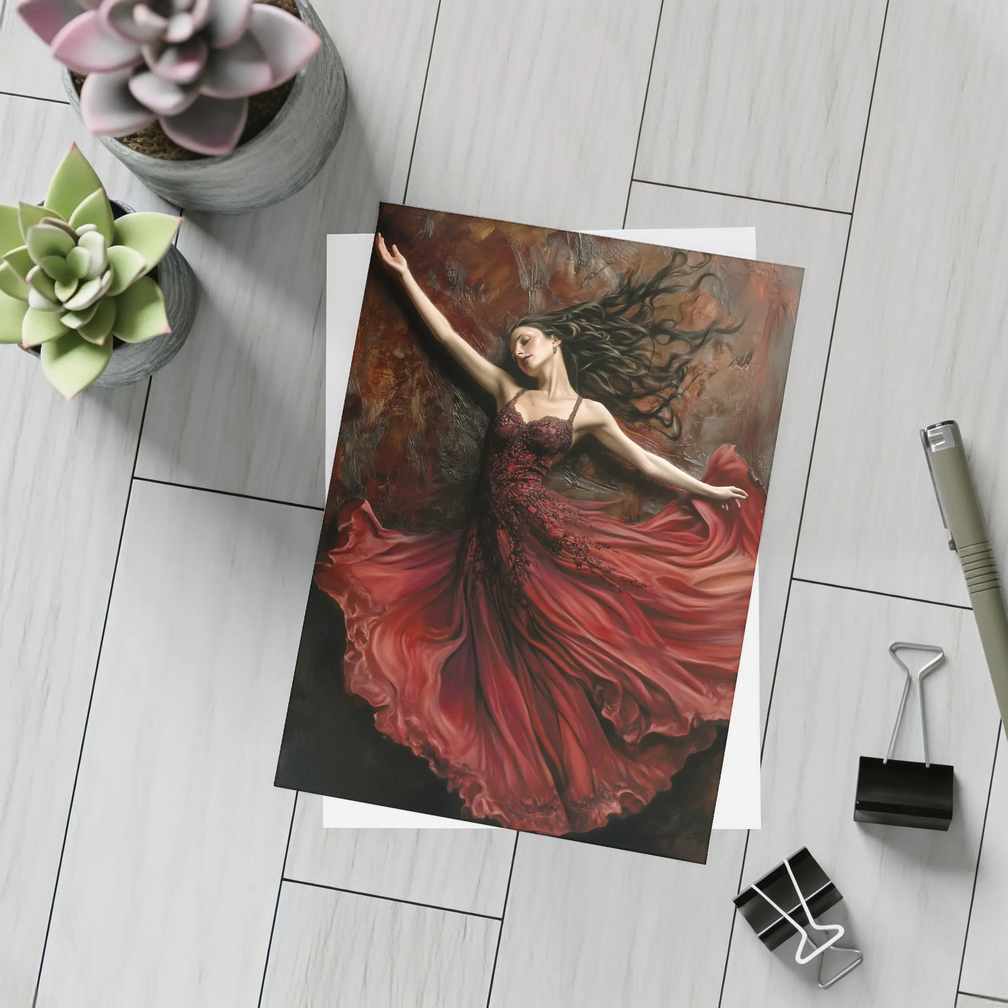 Woman Dancing Red Flowing Dress Dark Background – Postcards