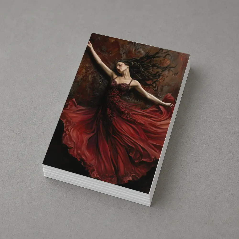 Woman Dancing Red Flowing Dress Dark Background – Postcards