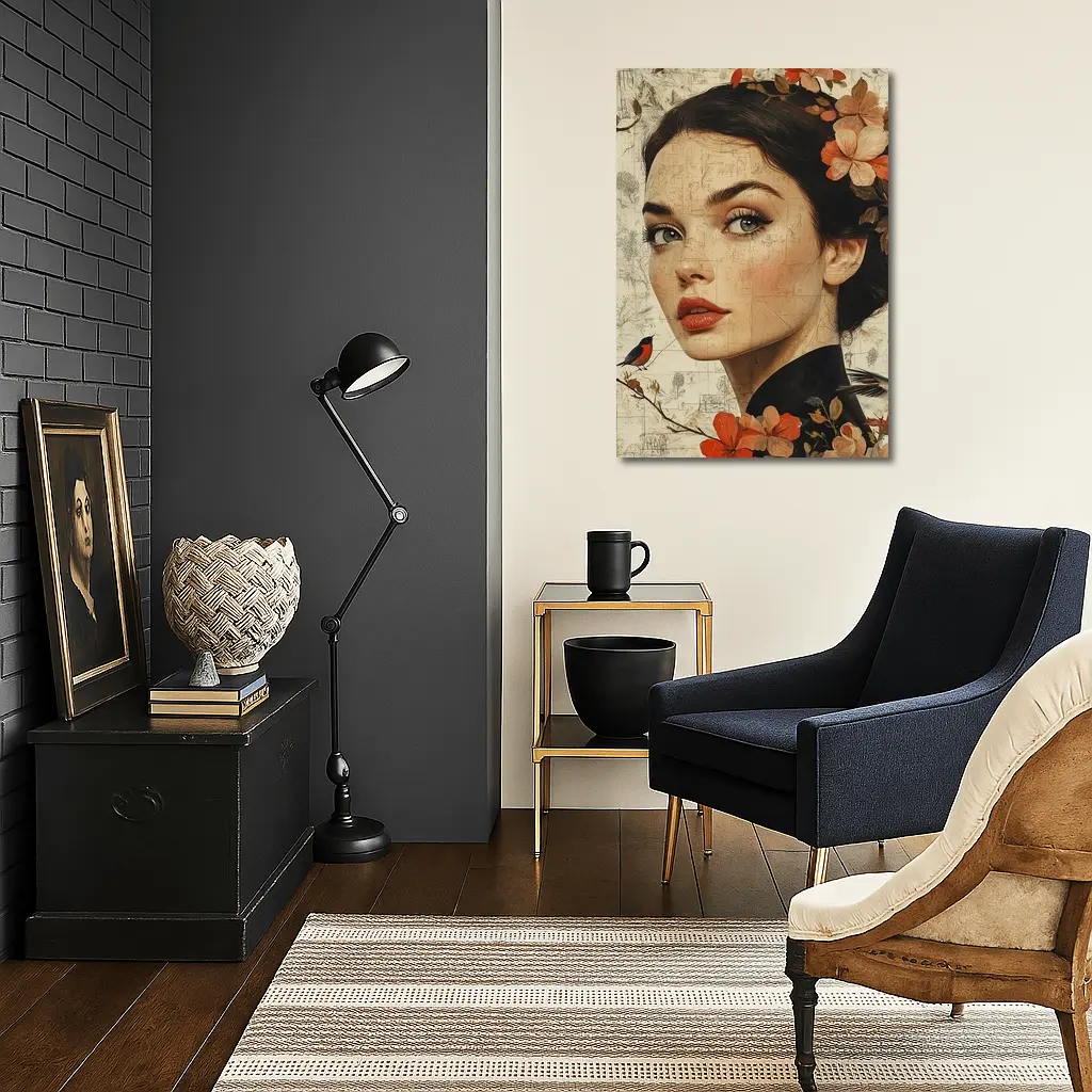 Woman Portrait Floral Collage Vintage Map Art – Wall Art