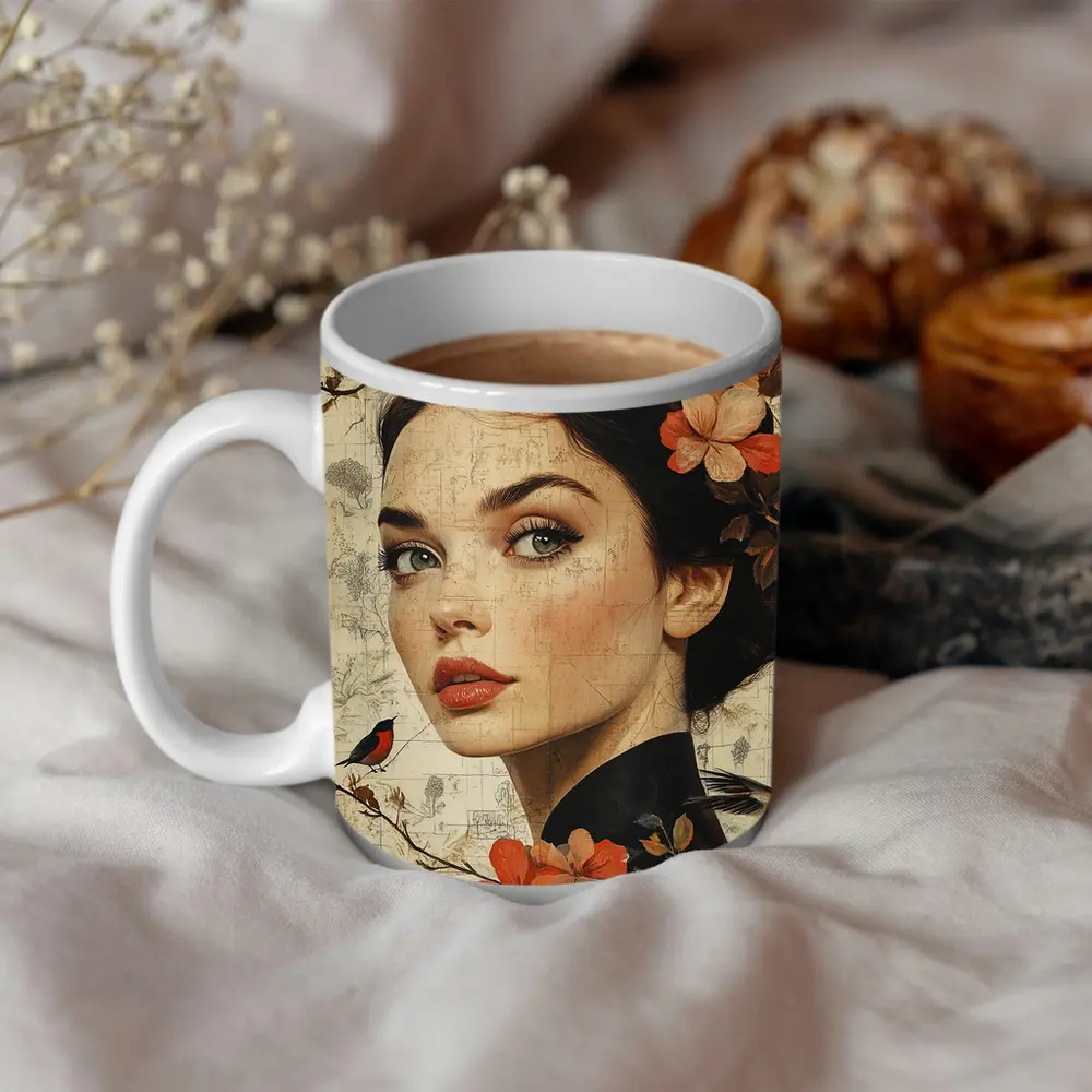 Woman Portrait Floral Collage Vintage Map Art – Mugs