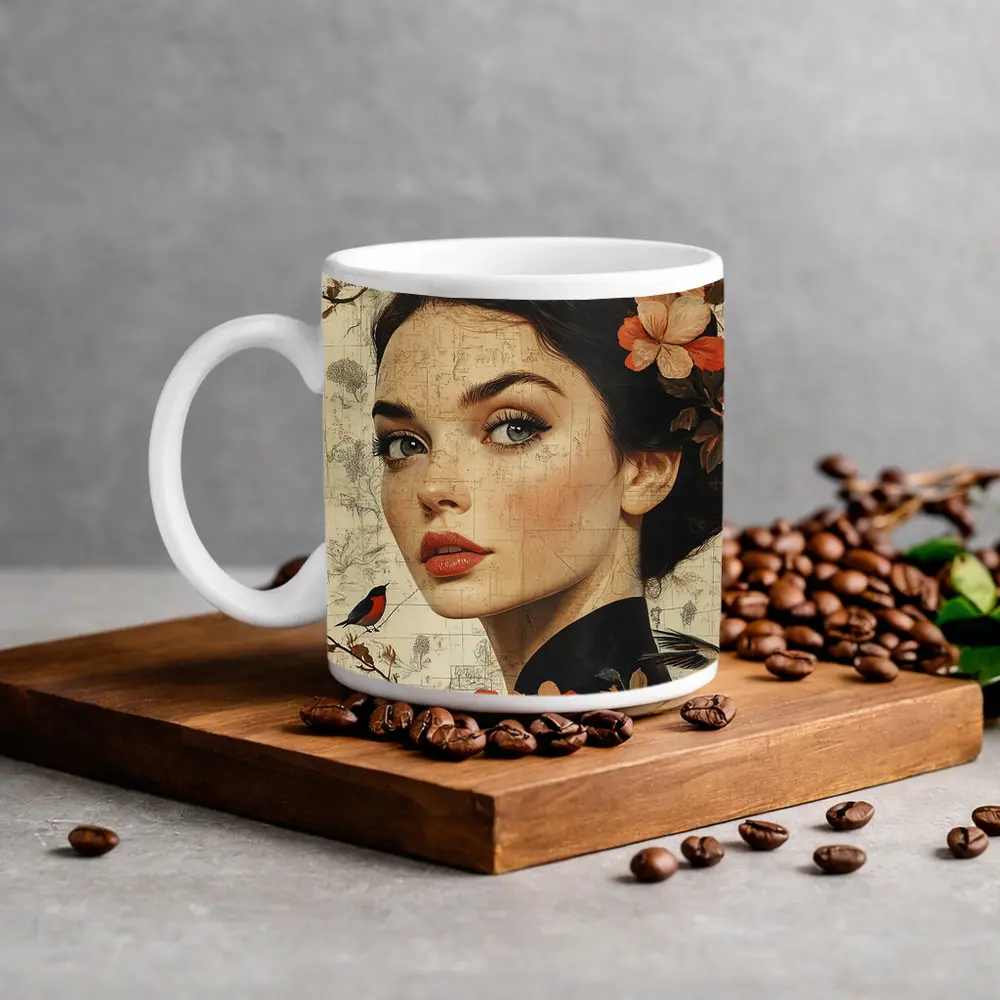 Woman Portrait Floral Collage Vintage Map Art – Mugs