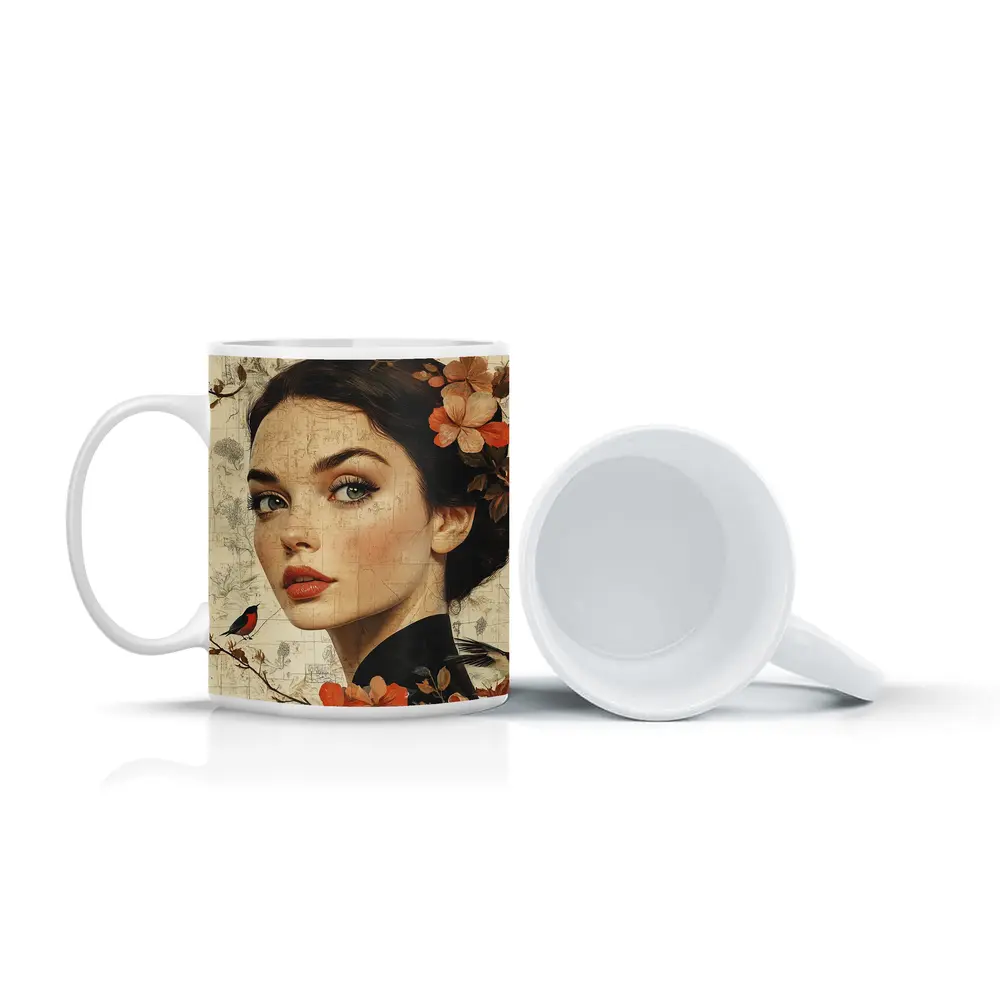 Woman Portrait Floral Collage Vintage Map Art – Mugs