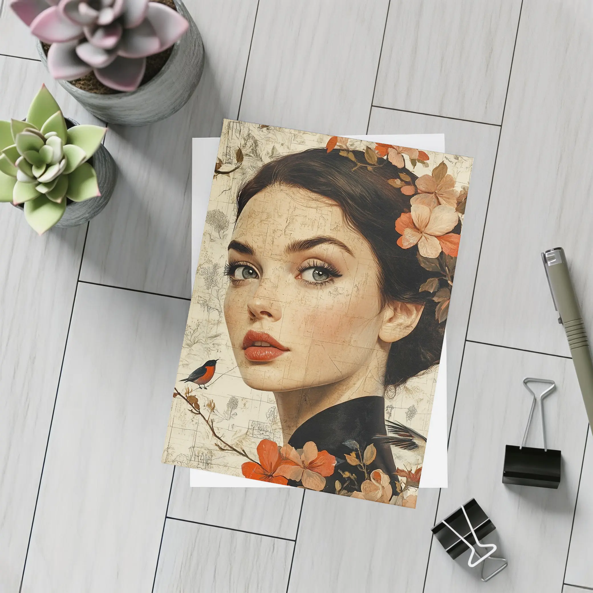 Woman Portrait Floral Collage Vintage Map Art – Postcards