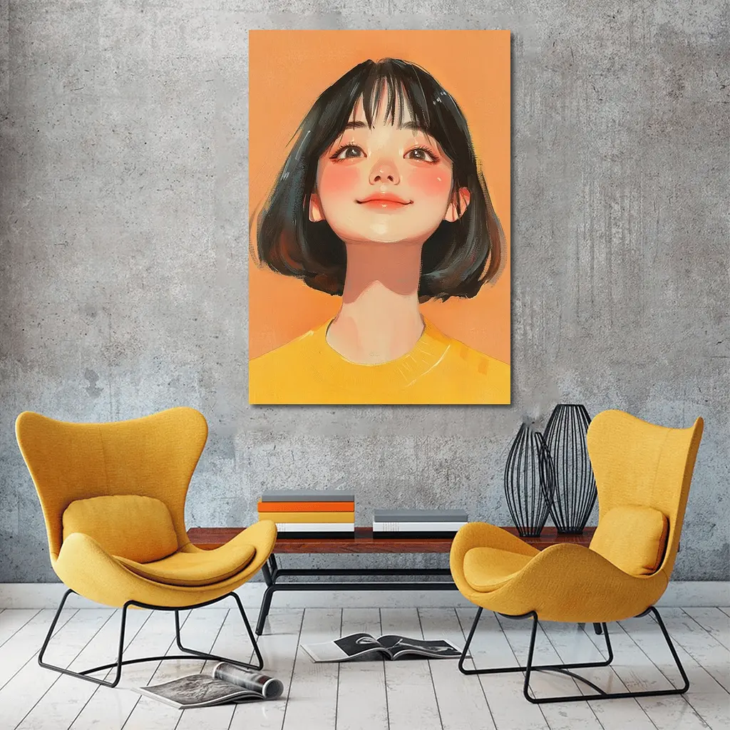 Anime Girl Portrait Orange Background Digital Art – Wall Art