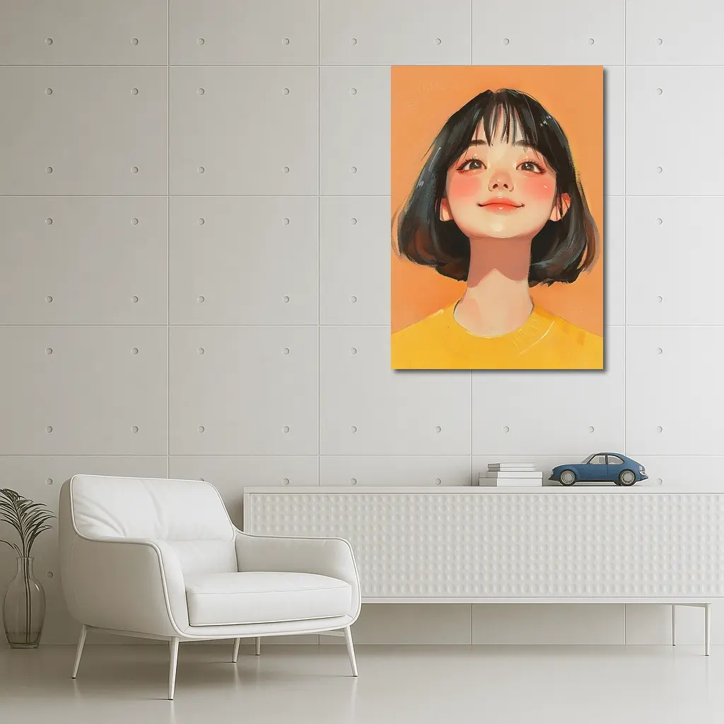 Anime Girl Portrait Orange Background Digital Art – Wall Art