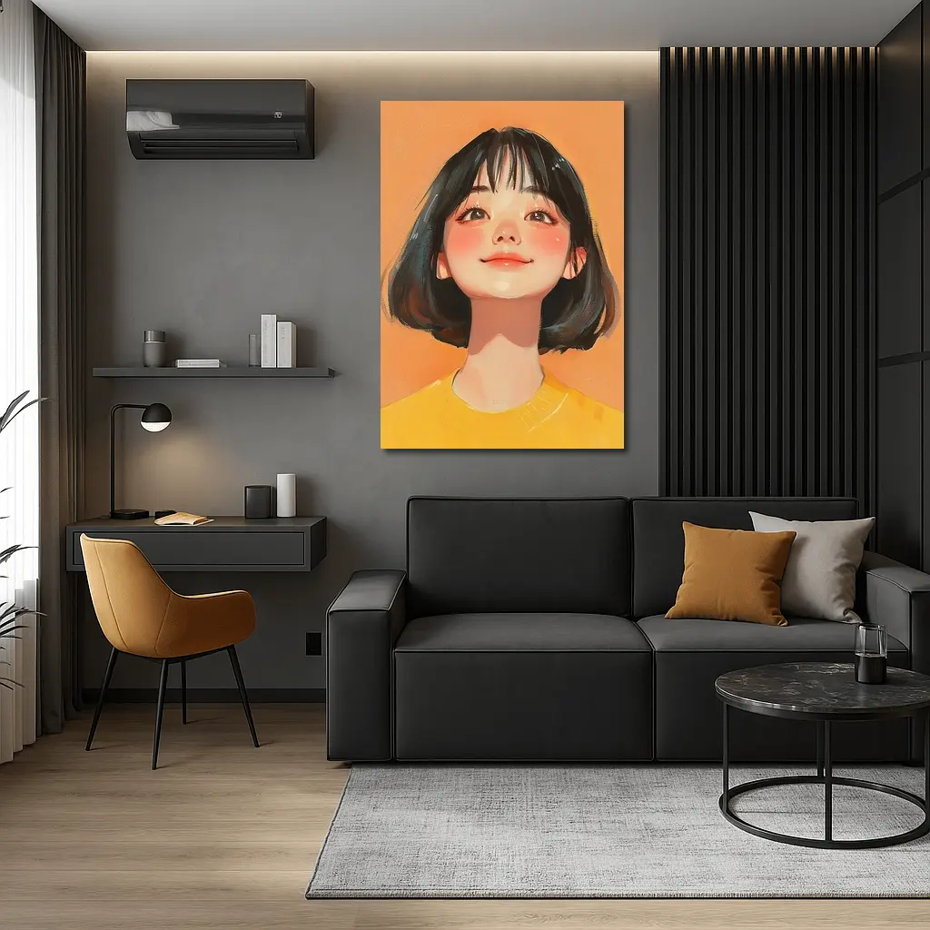 Anime Girl Portrait Orange Background Digital Art – Wall Art