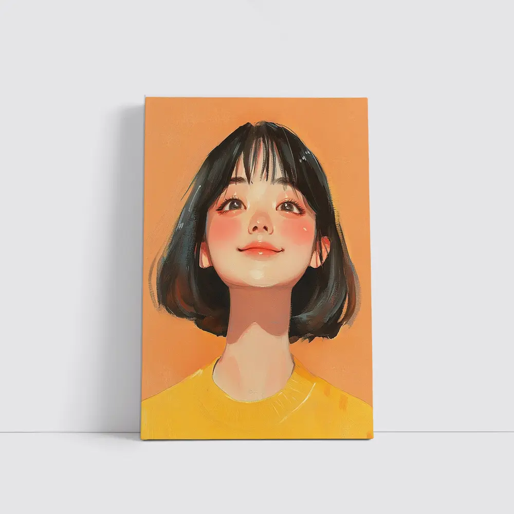 Anime Girl Portrait Orange Background Digital Art – Wall Art