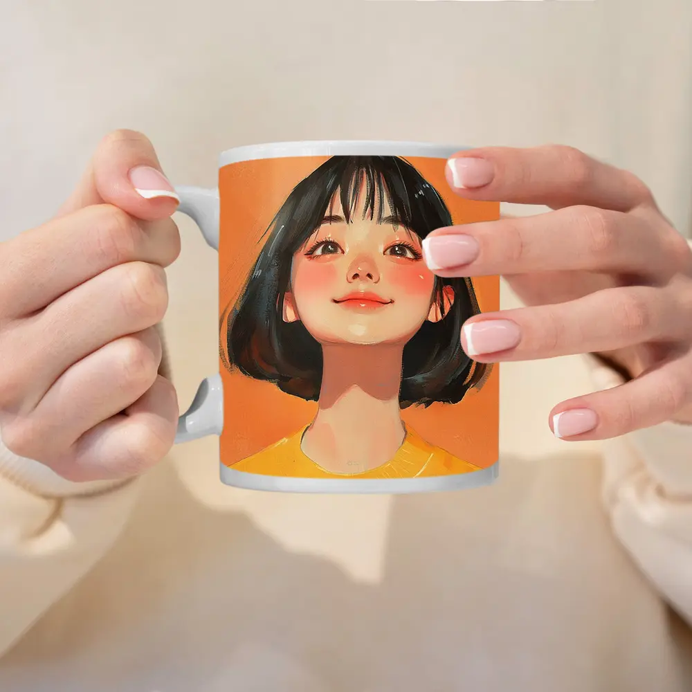 Anime Girl Portrait Orange Background Digital Art – Mugs