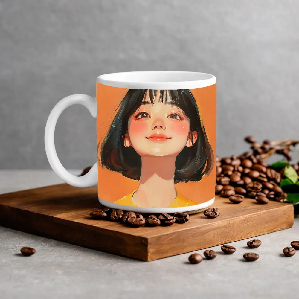 Anime Girl Portrait Orange Background Digital Art – Mugs
