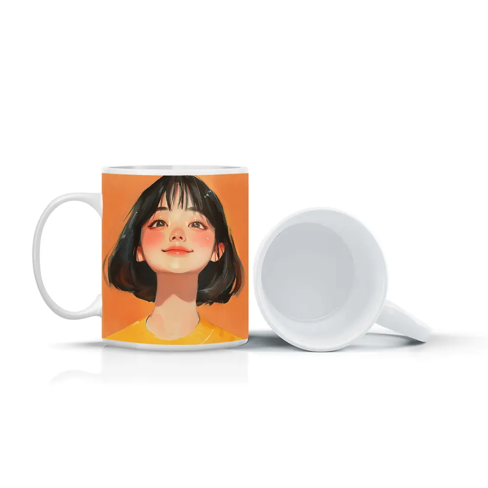 Anime Girl Portrait Orange Background Digital Art – Mugs