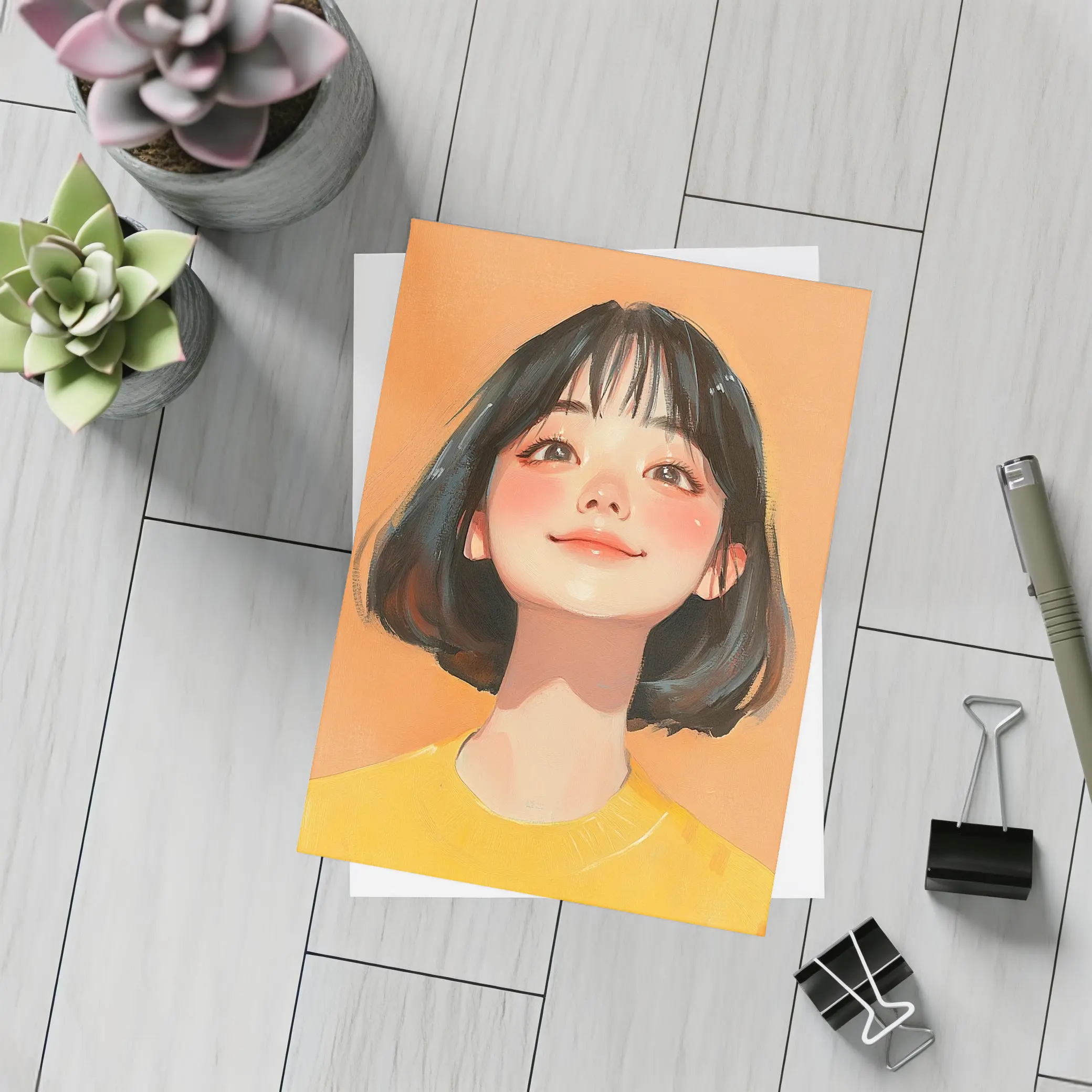 Anime Girl Portrait Orange Background Digital Art – Postcards