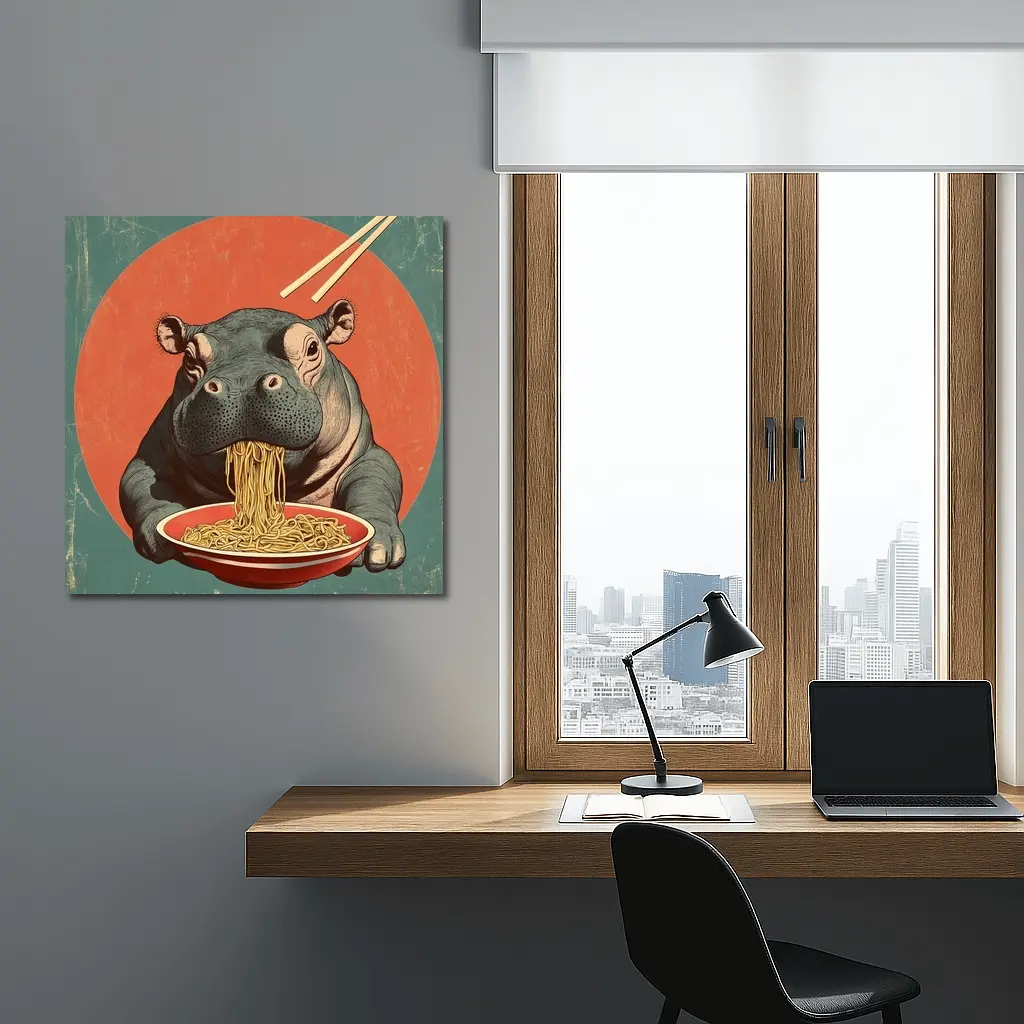 Hippo Eating Noodles Retro Japanese Art – Wall Art