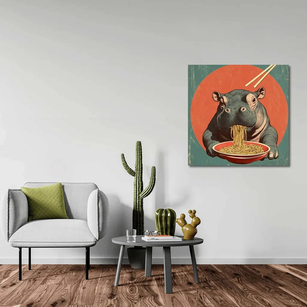 Hippo Eating Noodles Retro Japanese Art – Wall Art