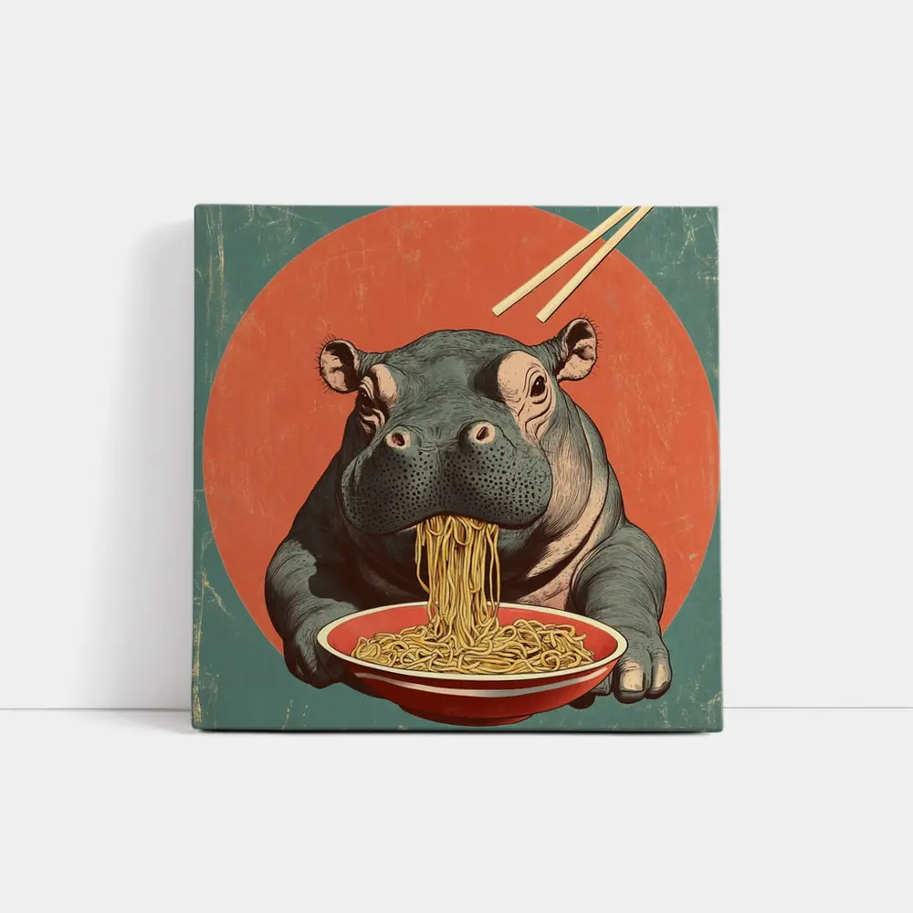 Hippo Eating Noodles Retro Japanese Art – Wall Art