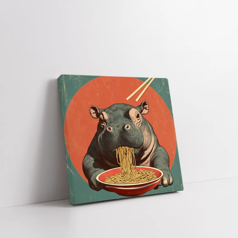 Hippo Eating Noodles Retro Japanese Art – Wall Art