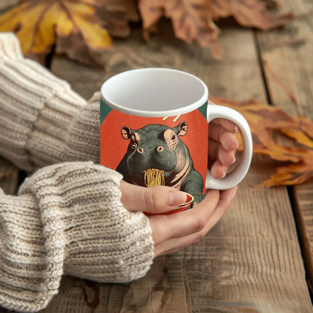Hippo Eating Noodles Retro Japanese Art – Mugs