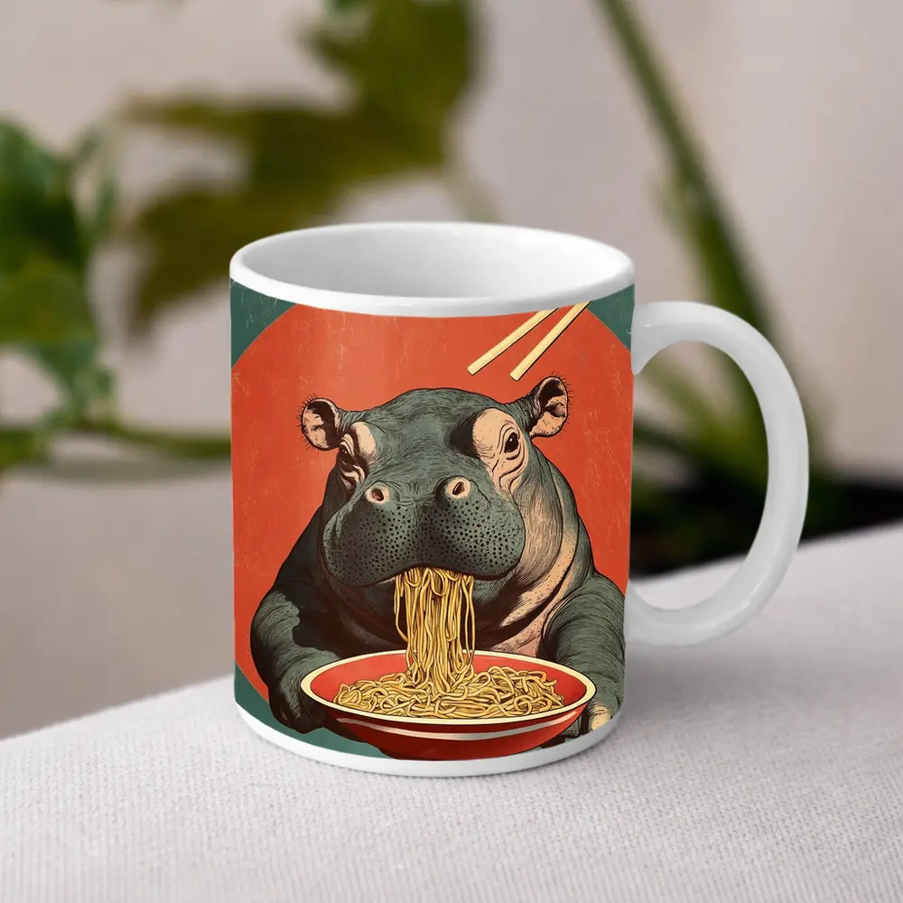 Hippo Eating Noodles Retro Japanese Art – Mugs