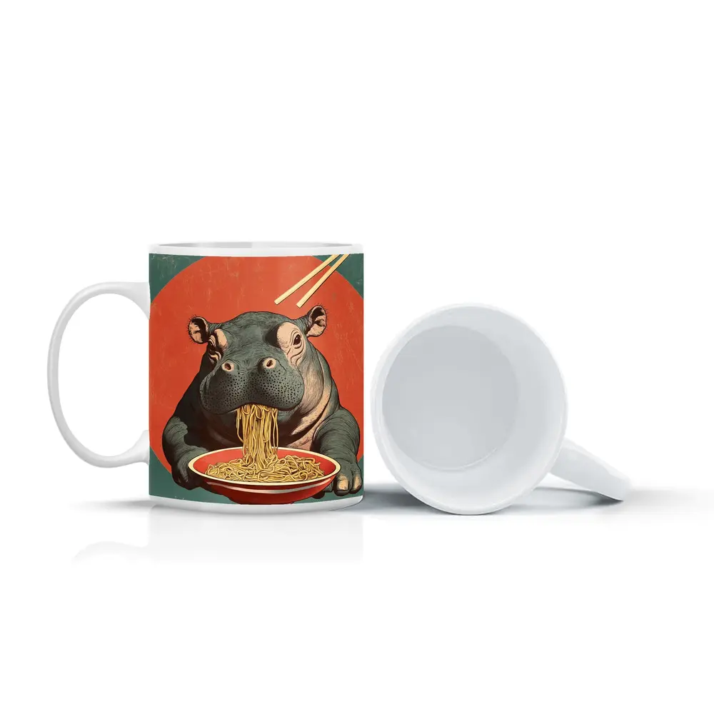 Hippo Eating Noodles Retro Japanese Art – Mugs