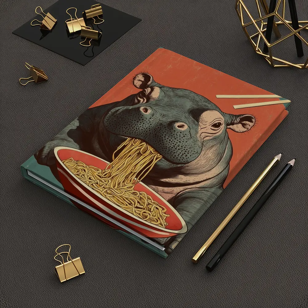 Hippo Eating Noodles Retro Japanese Art – Notebooks