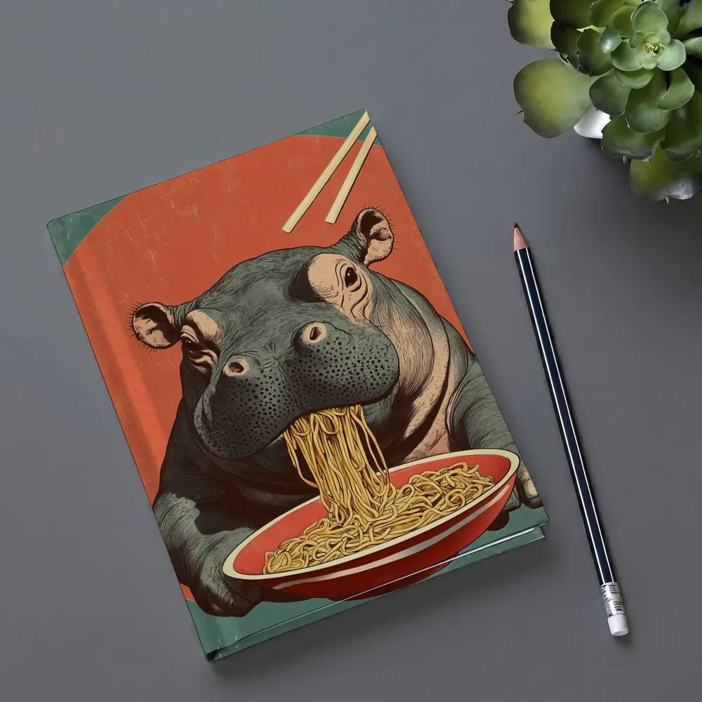 Hippo Eating Noodles Retro Japanese Art – Notebooks