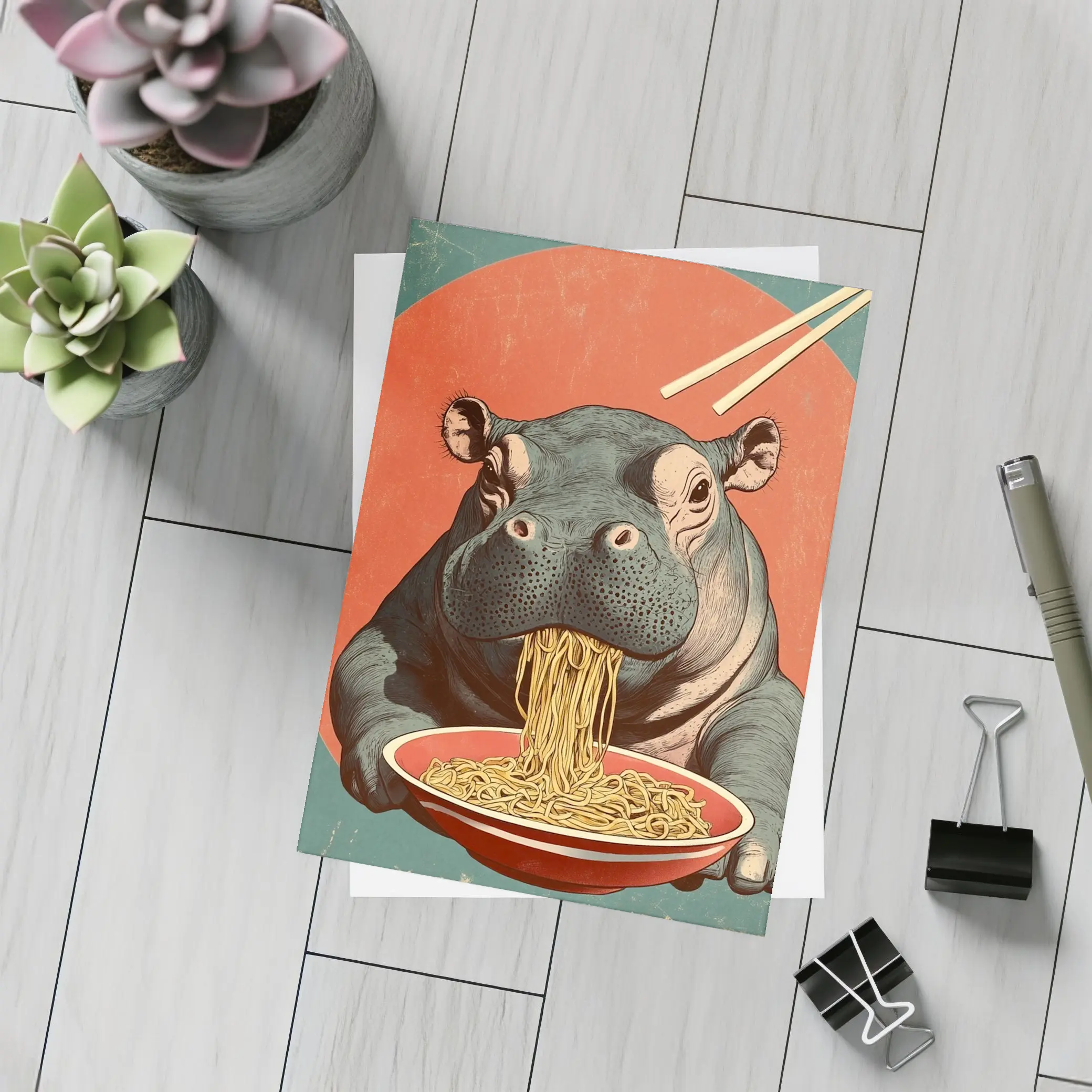 Hippo Eating Noodles Retro Japanese Art – Postcards