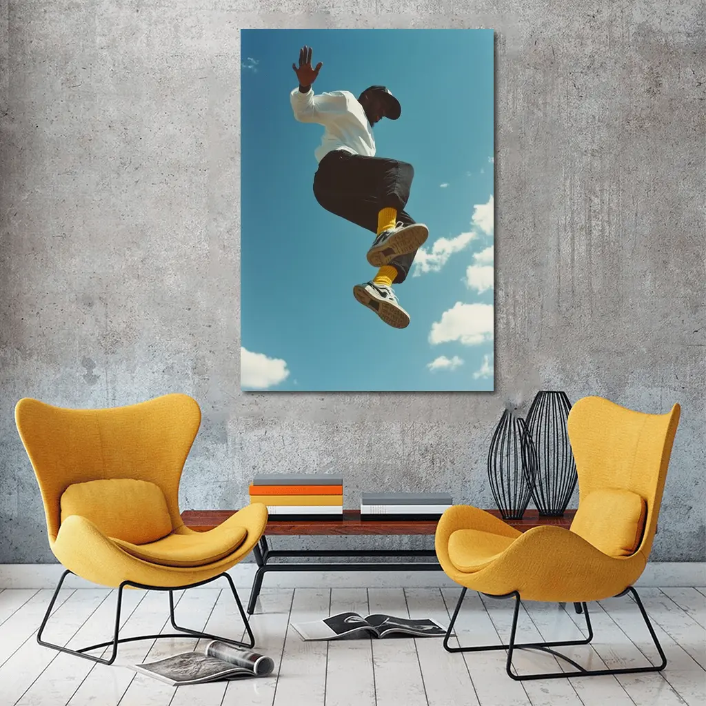 Man Jumping High Against Blue Sky – Wall Art