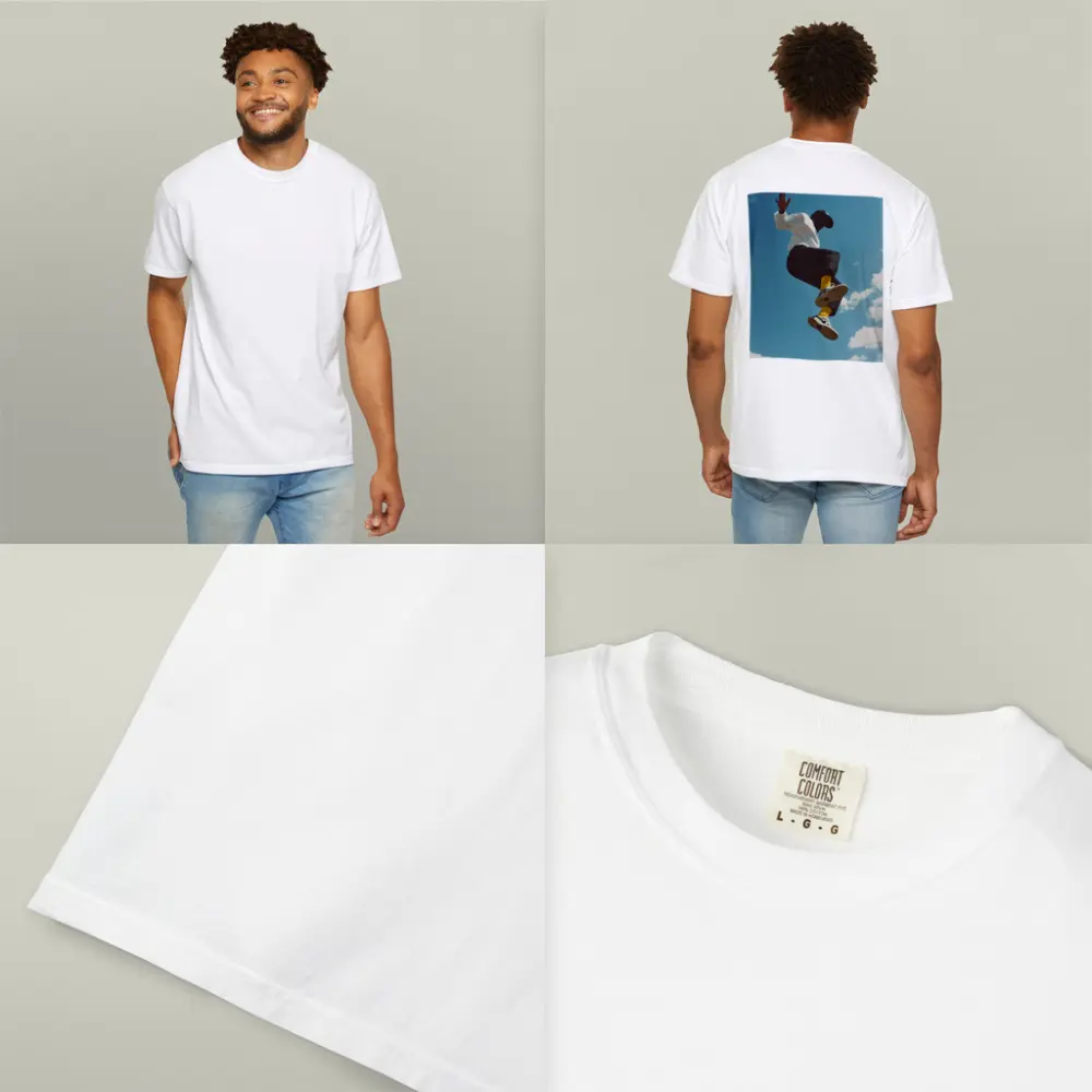 Man Jumping High Against Blue Sky – T-Shirts