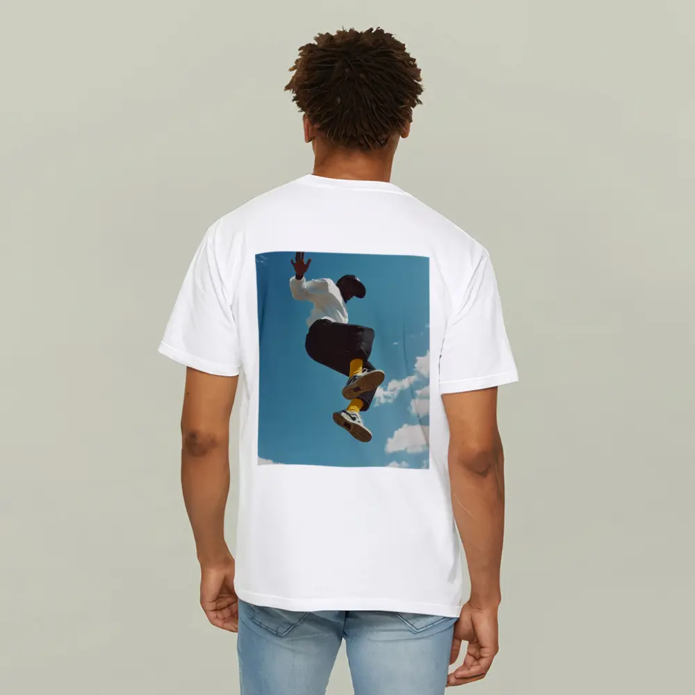 Man Jumping High Against Blue Sky – T-Shirts