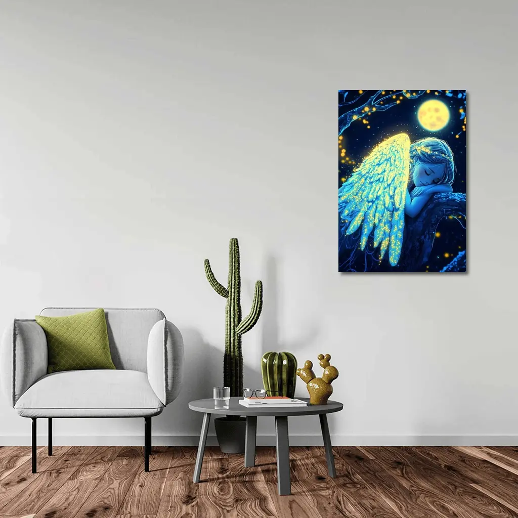Sleeping Angel Girl Glowing Wings Moon Night – Wall Art