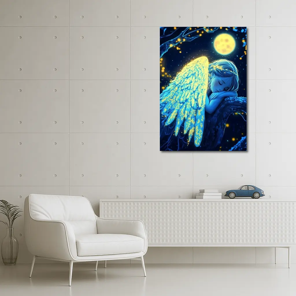 Sleeping Angel Girl Glowing Wings Moon Night – Wall Art