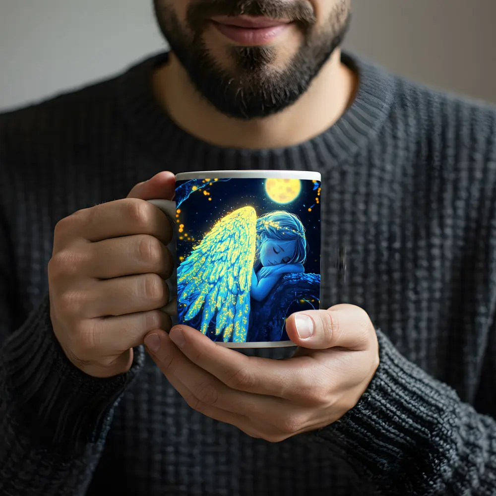 Sleeping Angel Girl Glowing Wings Moon Night – Mugs