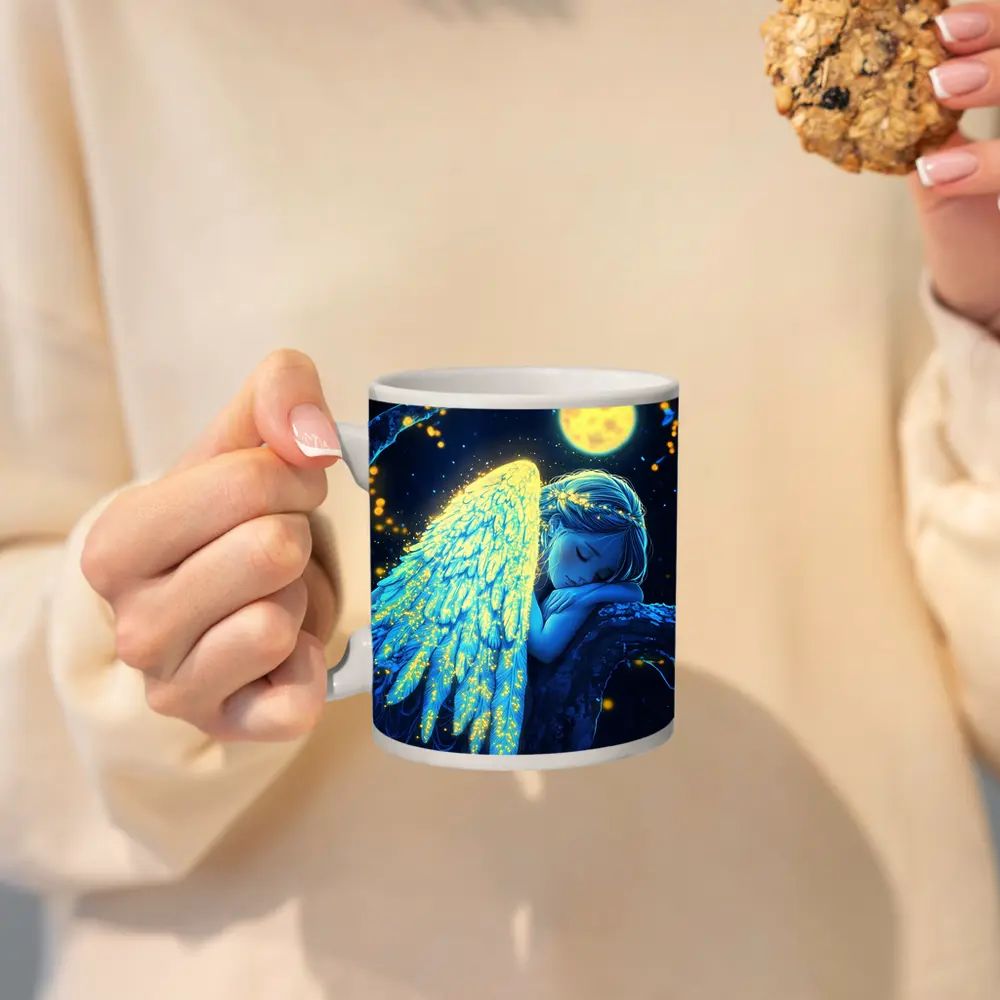 Sleeping Angel Girl Glowing Wings Moon Night – Mugs