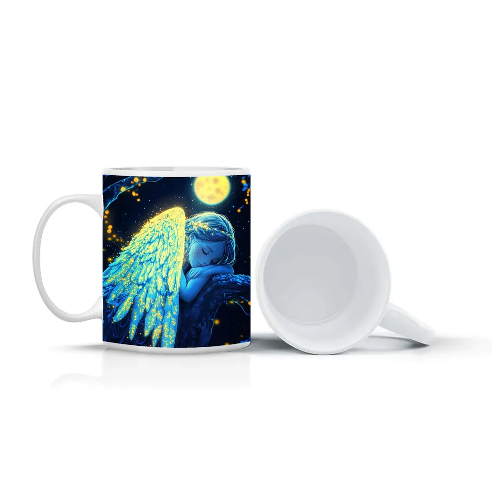 Sleeping Angel Girl Glowing Wings Moon Night – Mugs