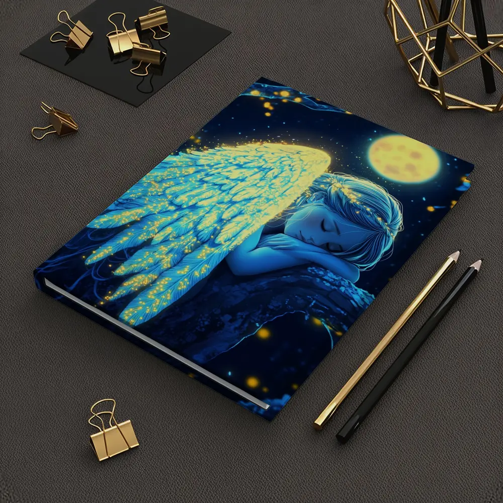 Sleeping Angel Girl Glowing Wings Moon Night – Notebooks
