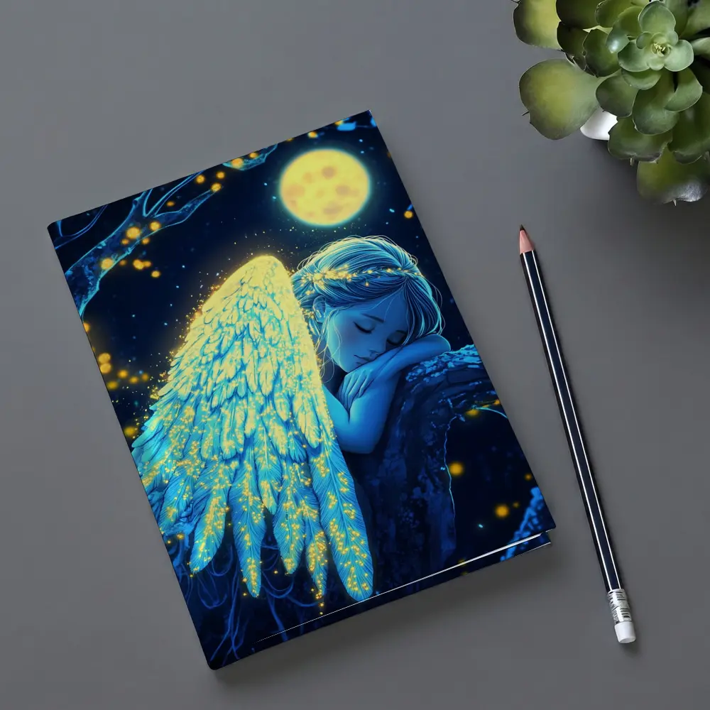 Sleeping Angel Girl Glowing Wings Moon Night – Notebooks