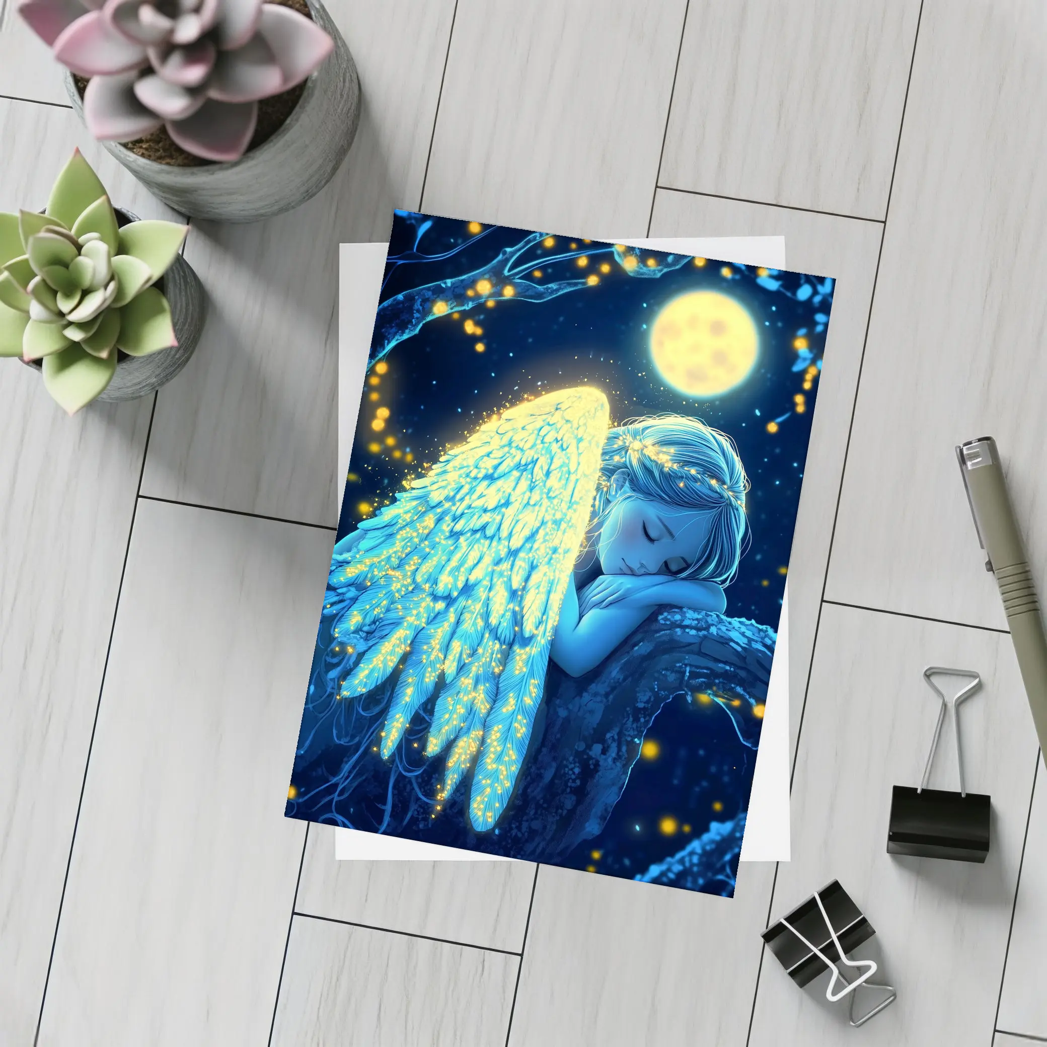 Sleeping Angel Girl Glowing Wings Moon Night – Postcards