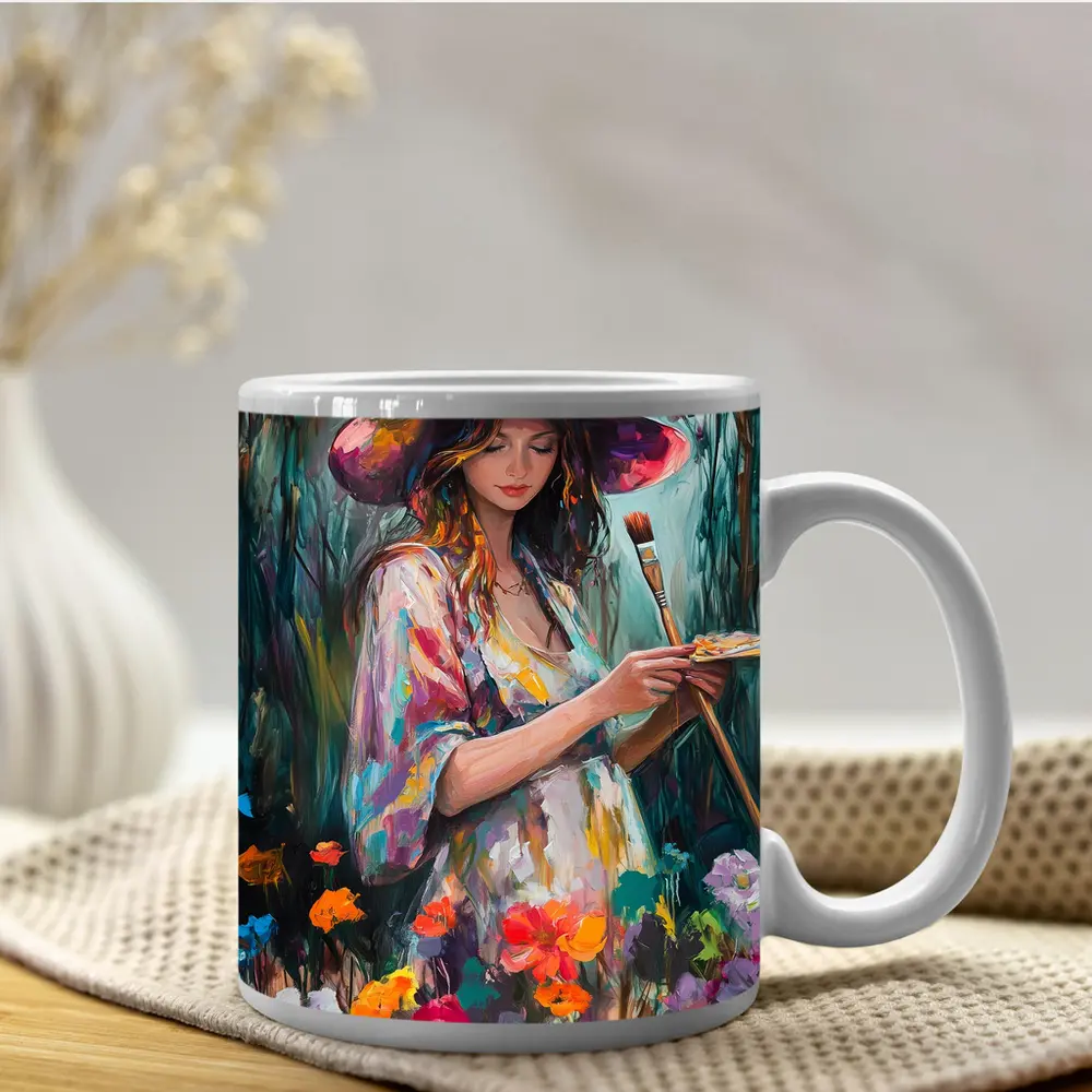 Painter Woman In Floral Garden Oil Art – Mugs