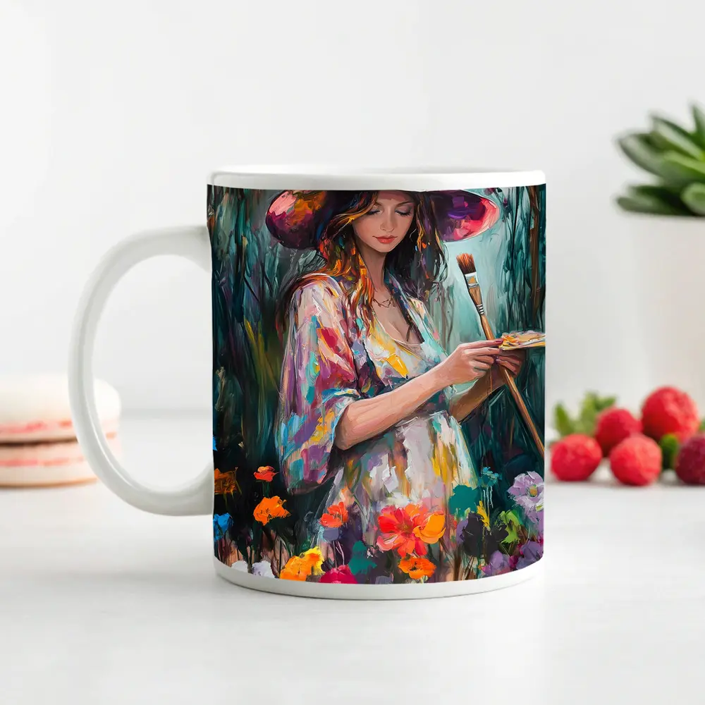 Painter Woman In Floral Garden Oil Art – Mugs