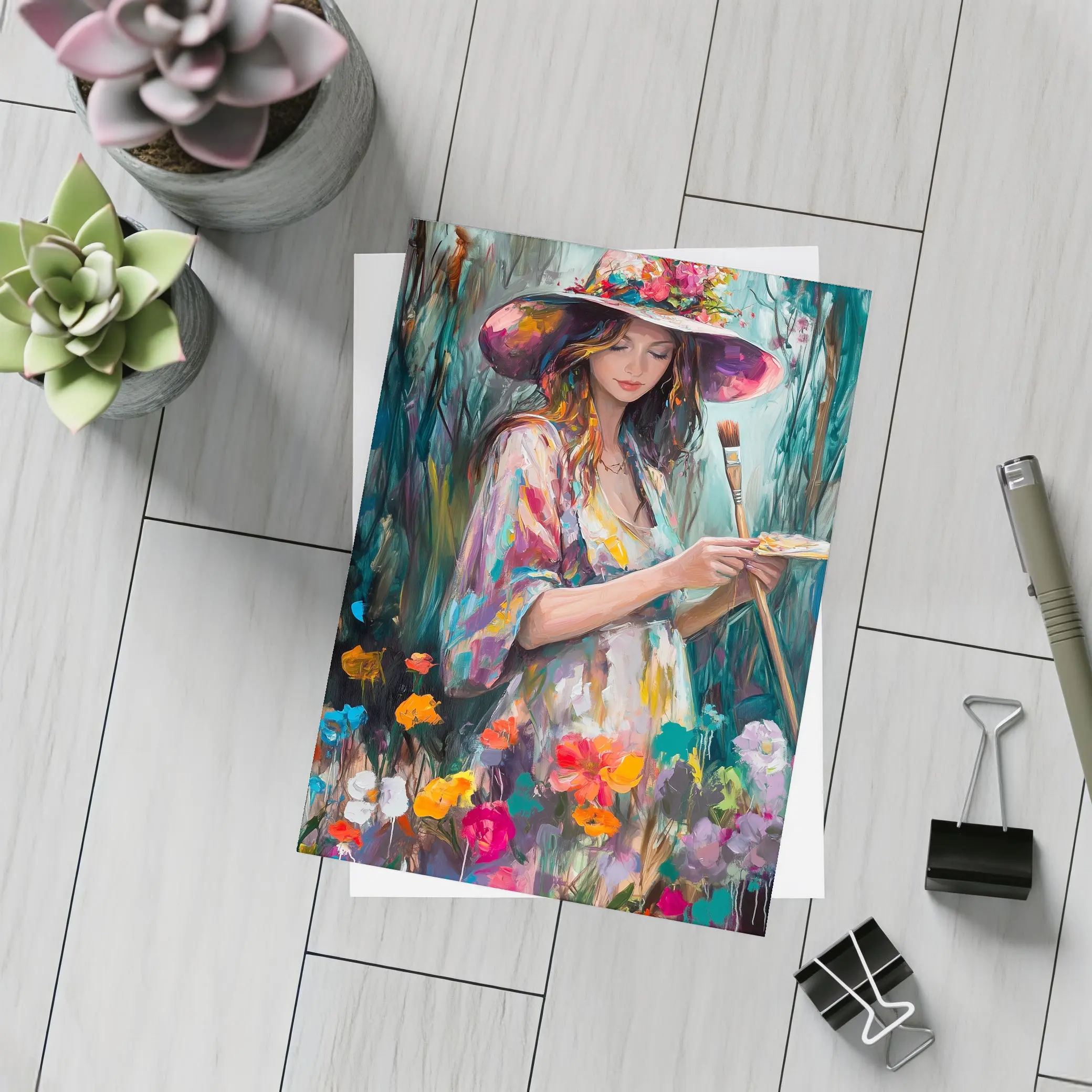 Painter Woman In Floral Garden Oil Art – Postcards